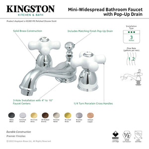 Restoration KS3958PX Two-Handle 3-Hole Deck Mount Mini-Widespread Bathroom Faucet with Brass Pop-Up, Brushed Nickel
