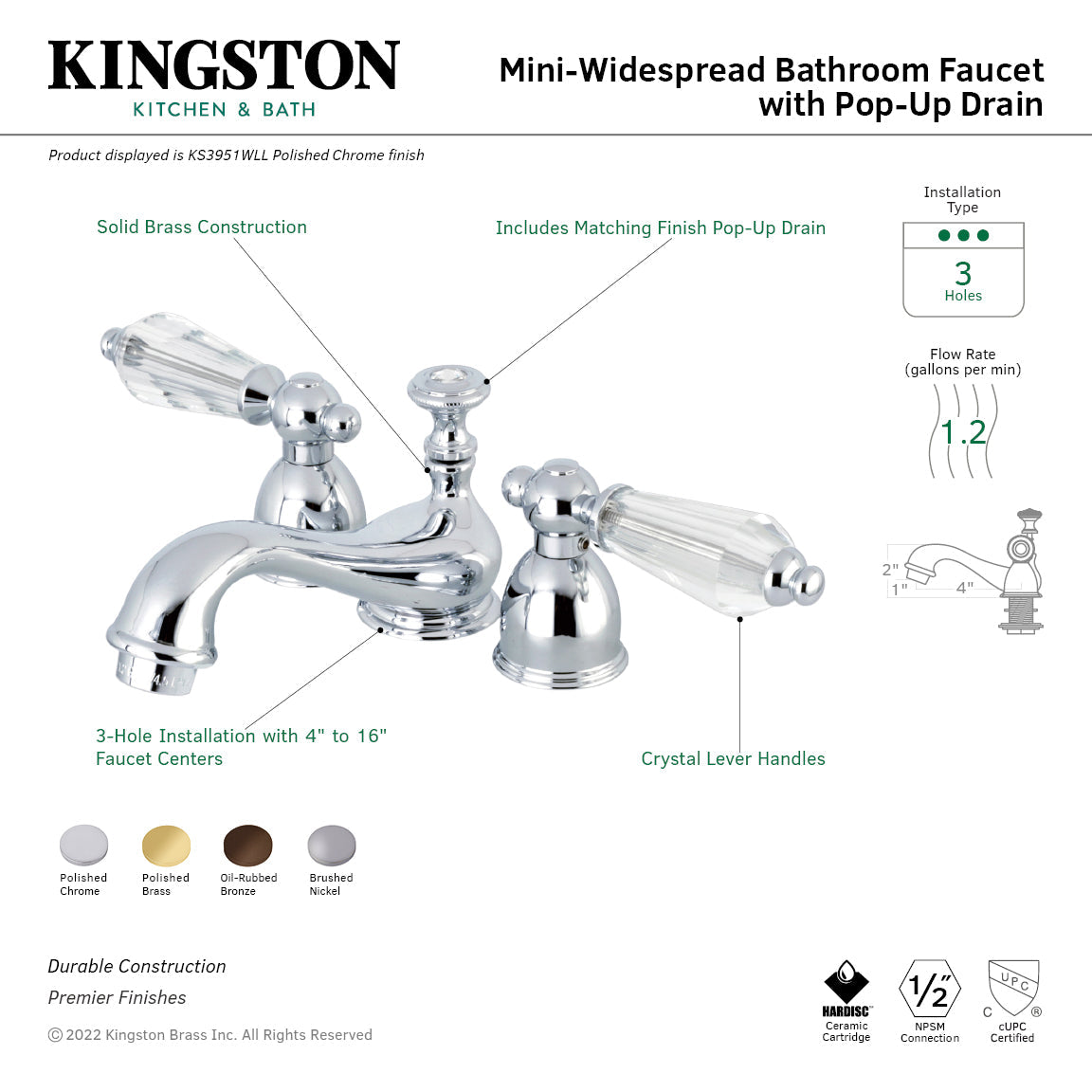 Wilshire KS3958WLL Two-Handle 3-Hole Deck Mount Mini-Widespread Bathroom Faucet with Brass Pop-Up, Brushed Nickel