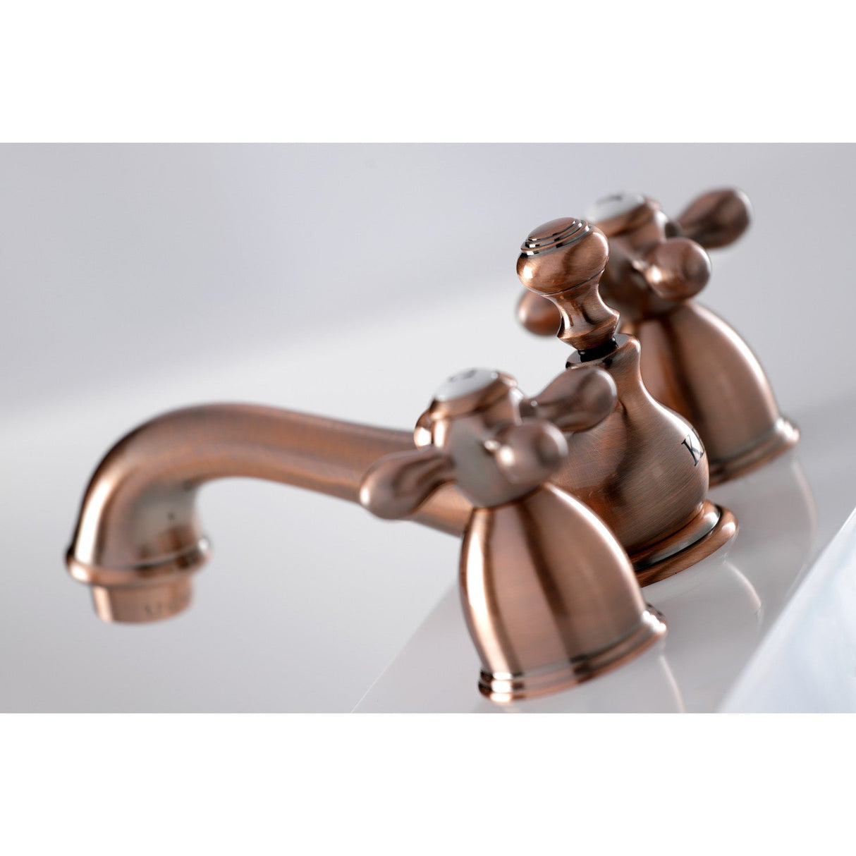 Restoration KS395AXAC Two-Handle 3-Hole Deck Mount Mini-Widespread Bathroom Faucet with Brass Pop-Up, Antique Copper