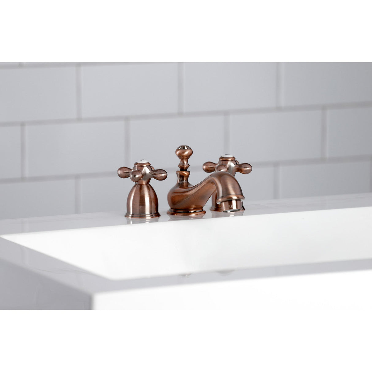 Restoration KS395AXAC Two-Handle 3-Hole Deck Mount Mini-Widespread Bathroom Faucet with Brass Pop-Up, Antique Copper