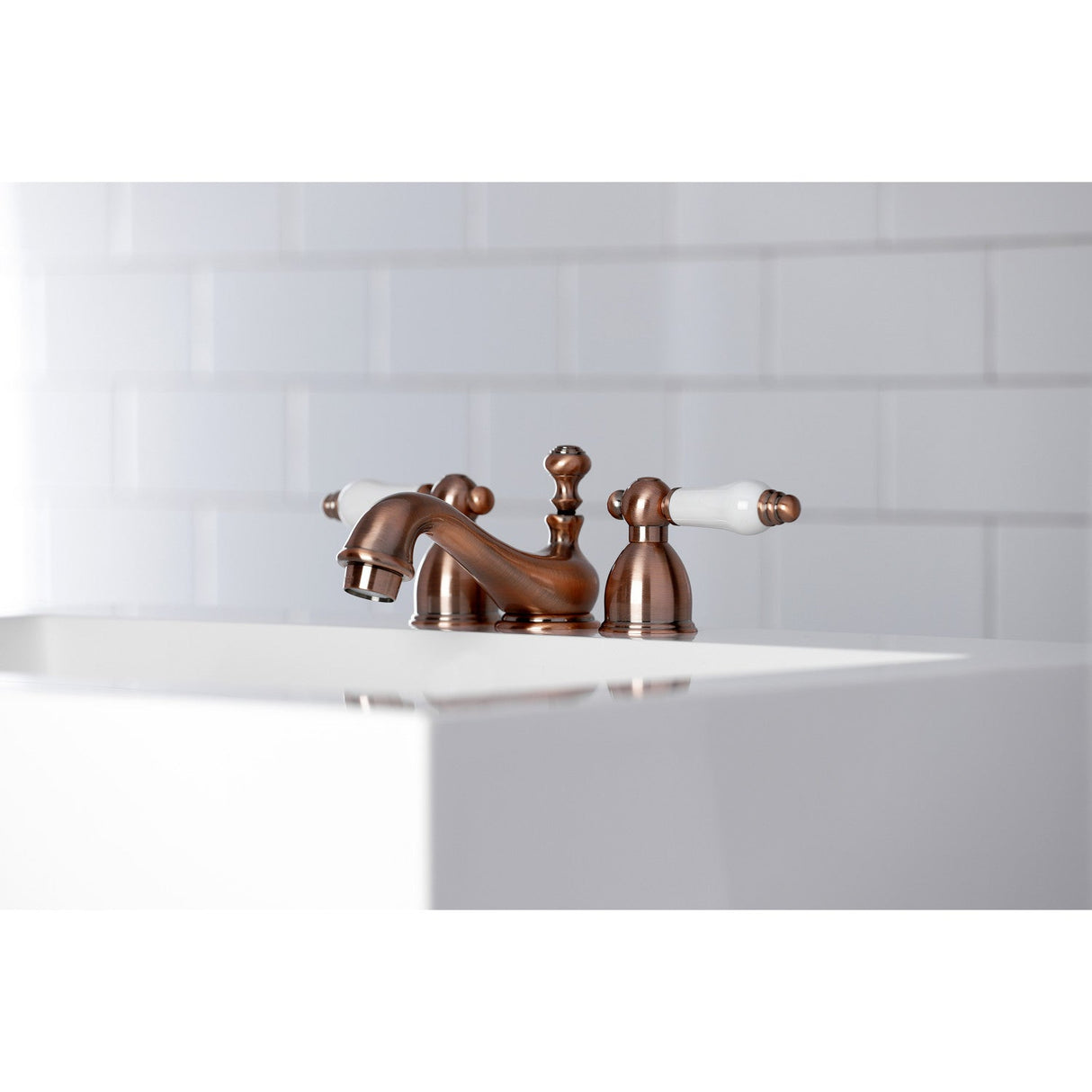 Restoration KS395PLAC Two-Handle 3-Hole Deck Mount Mini-Widespread Bathroom Faucet with Brass Pop-Up, Antique Copper