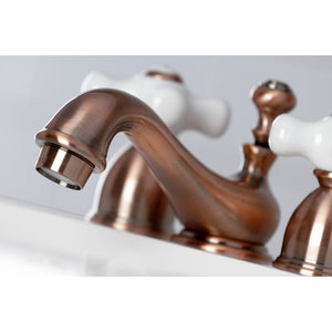 Restoration KS395PXAC Two-Handle 3-Hole Deck Mount Mini-Widespread Bathroom Faucet with Brass Pop-Up, Antique Copper