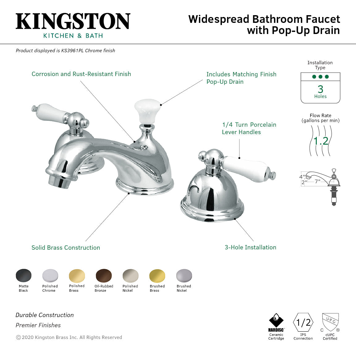 Restoration KS3960PL Two-Handle 3-Hole Deck Mount Widespread Bathroom Faucet with Brass Pop-Up, Matte Black