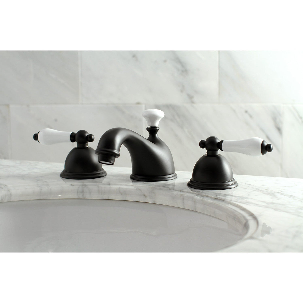 Restoration KS3960PL Two-Handle 3-Hole Deck Mount Widespread Bathroom Faucet with Brass Pop-Up, Matte Black