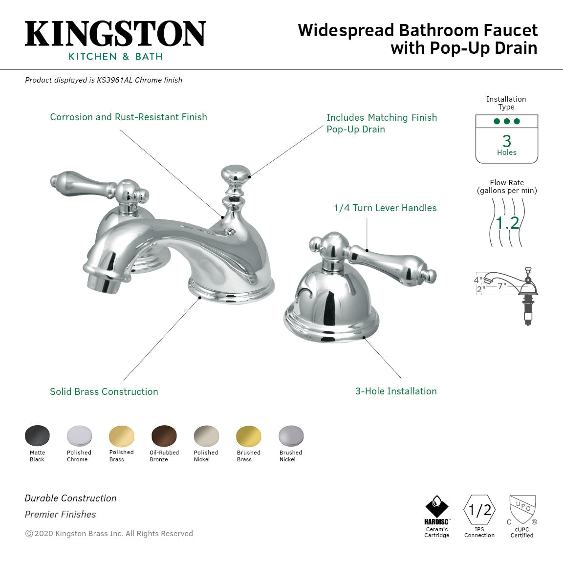 Restoration KS3961AL Two-Handle 3-Hole Deck Mount Widespread Bathroom Faucet with Brass Pop-Up, Polished Chrome