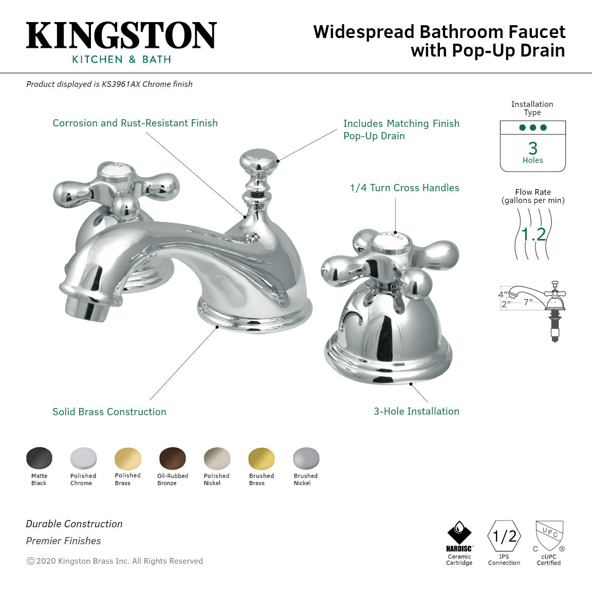 Restoration KS3962AX Two-Handle 3-Hole Deck Mount Widespread Bathroom Faucet with Brass Pop-Up, Polished Brass