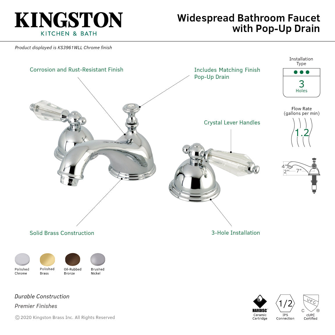 Wilshire KS3962WLL Two-Handle 3-Hole Deck Mount Widespread Bathroom Faucet with Brass Pop-Up, Polished Brass