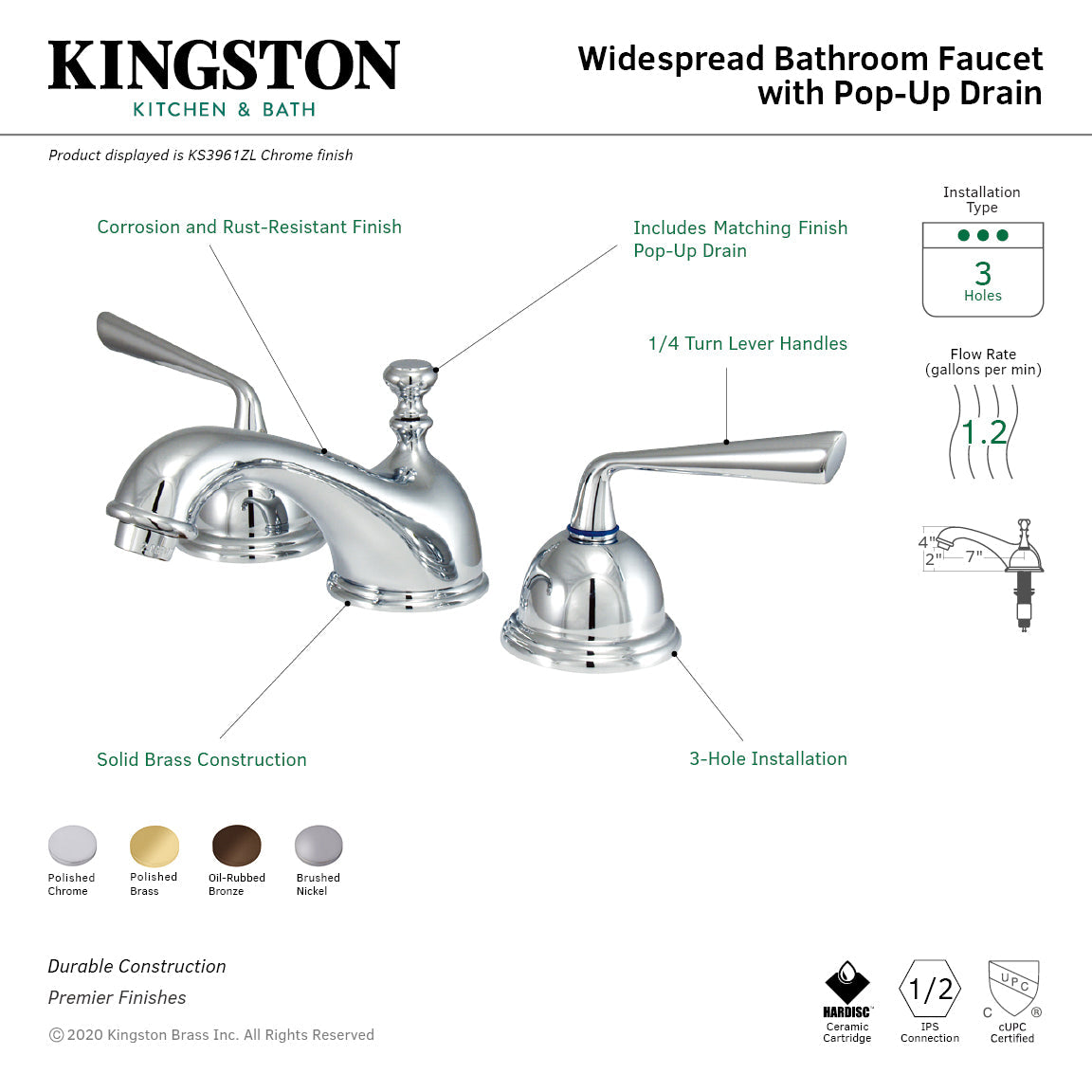 Silver Sage KS3962ZL Two-Handle 3-Hole Deck Mount Widespread Bathroom Faucet with Brass Pop-Up, Polished Brass