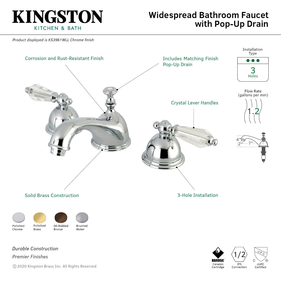Wilshire KS3965WLL Two-Handle 3-Hole Deck Mount Widespread Bathroom Faucet with Brass Pop-Up, Oil Rubbed Bronze
