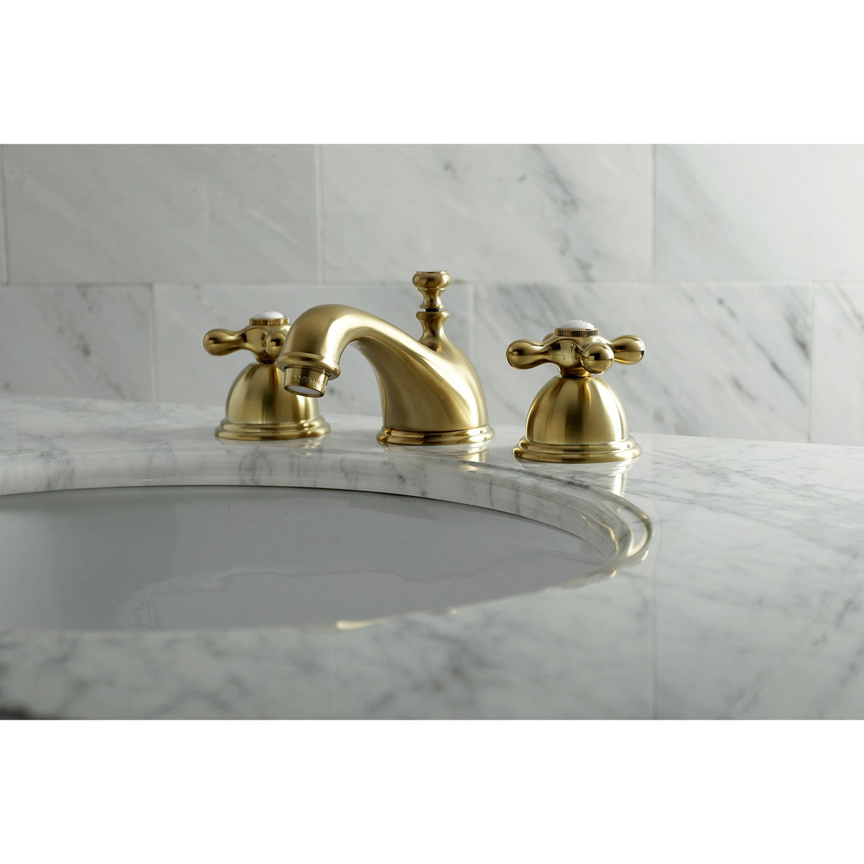 Restoration KS3967AX Two-Handle 3-Hole Deck Mount Widespread Bathroom Faucet with Brass Pop-Up, Brushed Brass