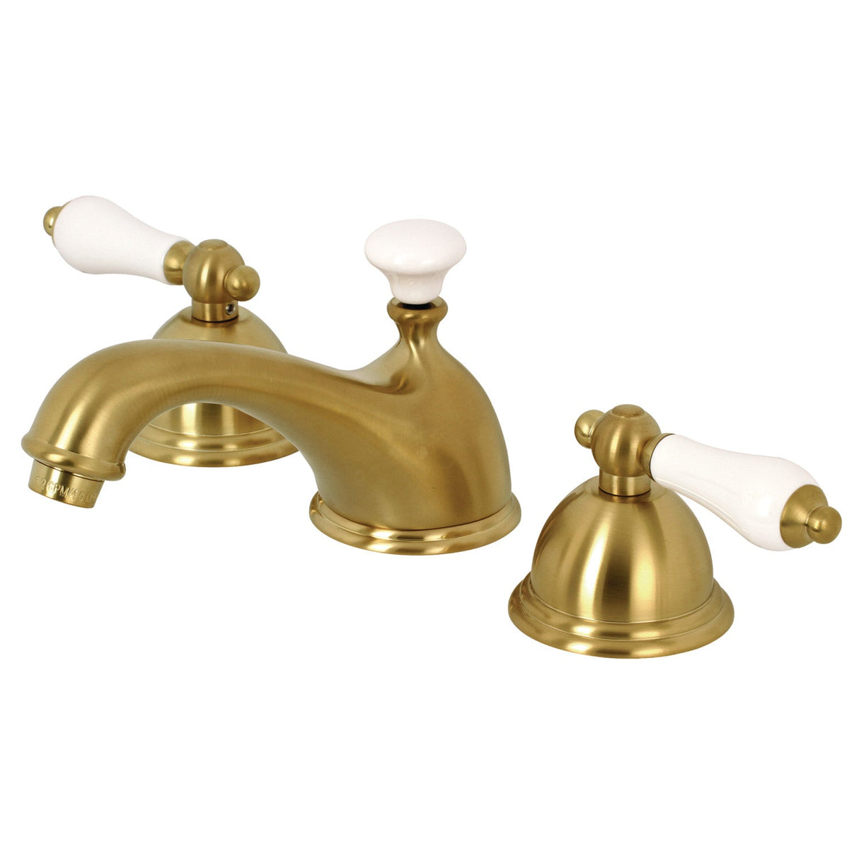 Restoration KS3967PL Two-Handle 3-Hole Deck Mount Widespread Bathroom Faucet with Brass Pop-Up, Brushed Brass