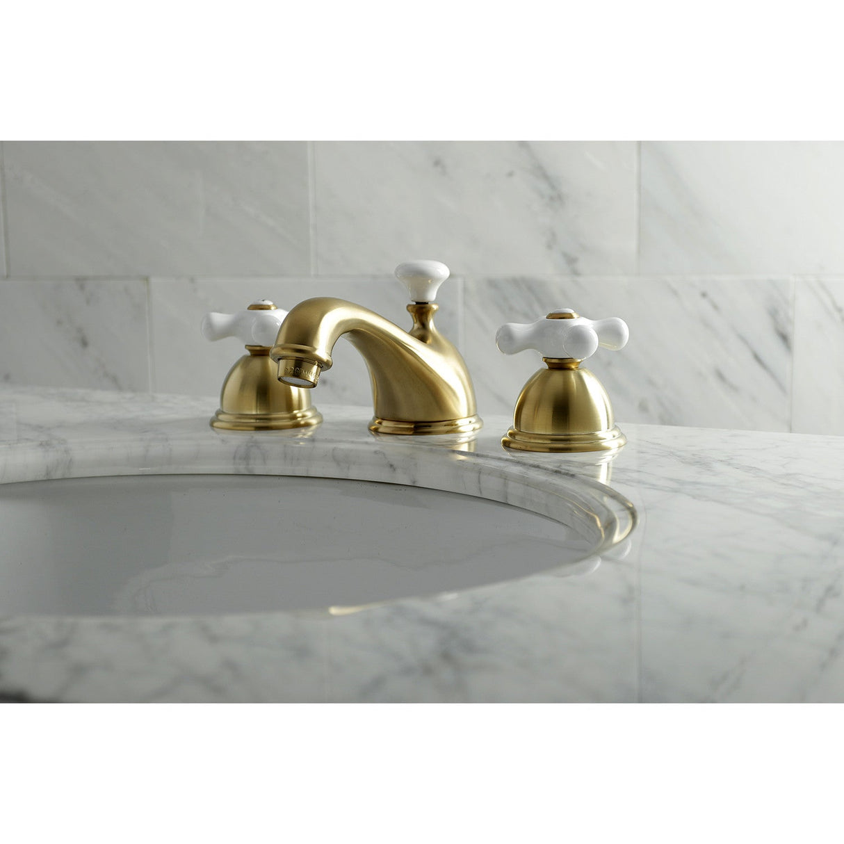 Restoration KS3967PX Two-Handle 3-Hole Deck Mount Widespread Bathroom Faucet with Brass Pop-Up, Brushed Brass