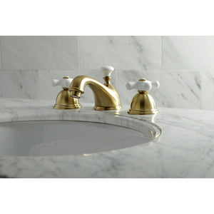 Restoration KS3967PX Two-Handle 3-Hole Deck Mount Widespread Bathroom Faucet with Brass Pop-Up, Brushed Brass