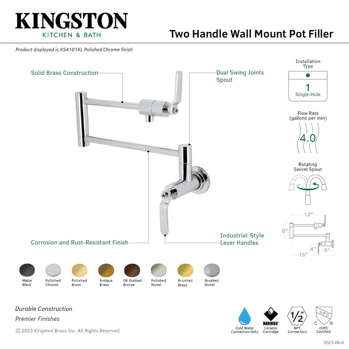 Whitaker KS4101KL Two-Handle Wall Mount Pot Filler, Polished Chrome