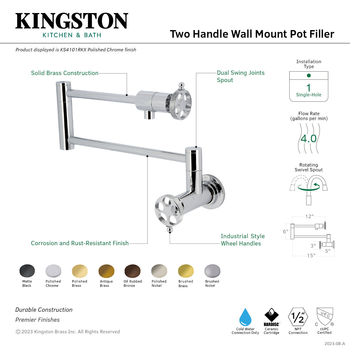 Webb KS4101RKX Two-Handle 1-Hole Wall Mount Pot Filler with Knurled Handle, Polished Chrome