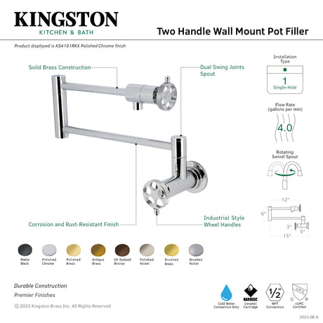 Webb KS4102RKX Two-Handle 1-Hole Wall Mount Pot Filler with Knurled Handle, Polished Brass