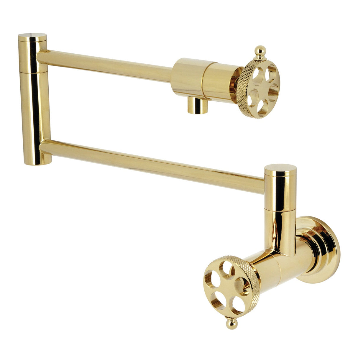 Webb KS4102RKX Two-Handle 1-Hole Wall Mount Pot Filler with Knurled Handle, Polished Brass