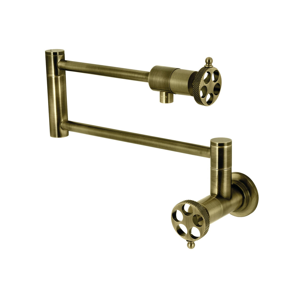 Webb KS4103RKX Two-Handle 1-Hole Wall Mount Pot Filler with Knurled Handle, Antique Brass