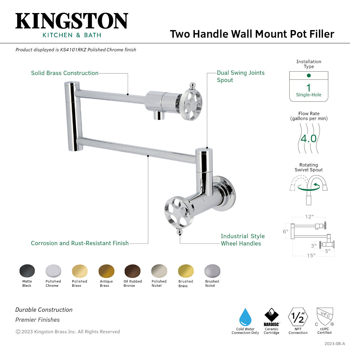 Wendell KS4108RKZ Two-Handle 1-Hole Wall Mount Pot Filler with Knurled Handle, Brushed Nickel