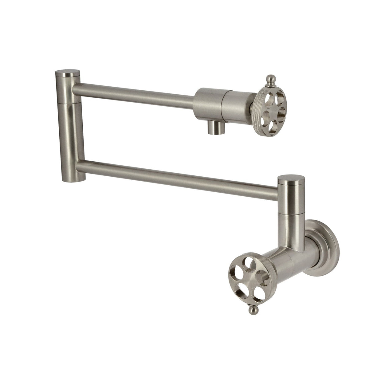 Wendell KS4108RKZ Two-Handle 1-Hole Wall Mount Pot Filler with Knurled Handle, Brushed Nickel