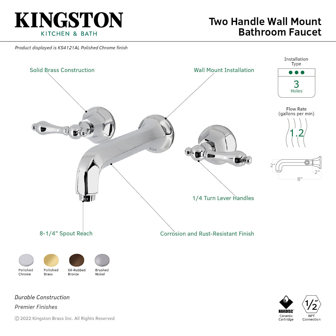 Metropolitan KS4128AL Two-Handle 3-Hole Wall Mount Bathroom Faucet, Brushed Nickel