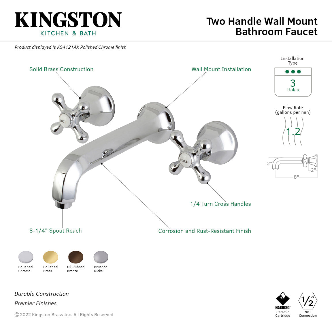 Metropolitan KS4128AX Two-Handle 3-Hole Wall Mount Bathroom Faucet, Brushed Nickel