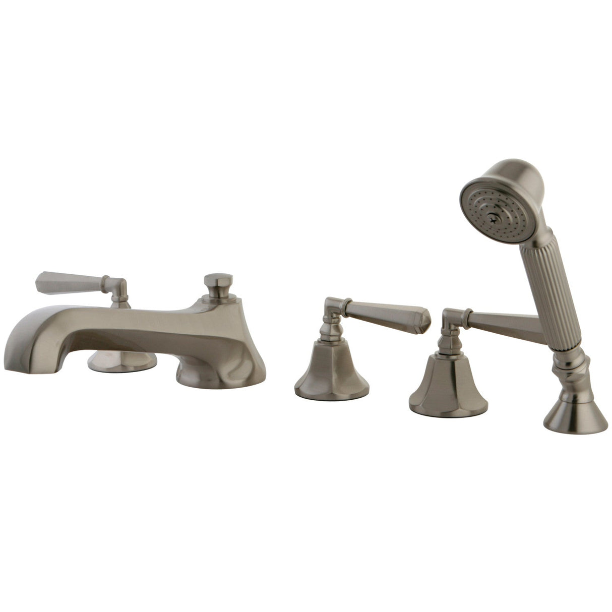 KS43085HL Three-Handle 5-Hole Deck Mount Roman Tub Faucet with Hand Shower, Brushed Nickel