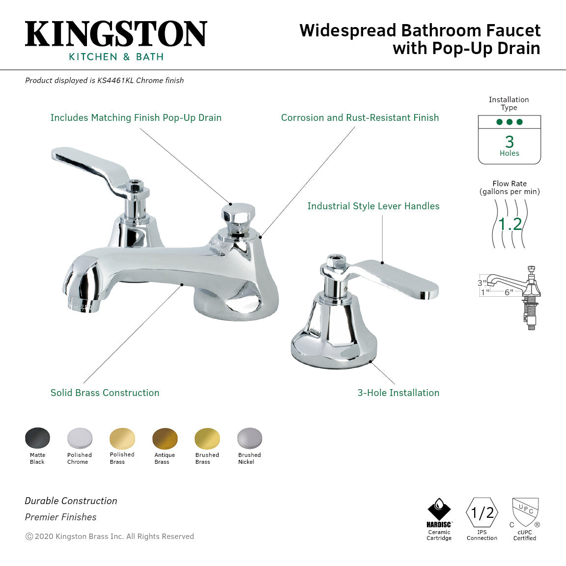 Whitaker KS4460KL Two-Handle 3-Hole Deck Mount Widespread Bathroom Faucet with Brass Pop-Up, Matte Black