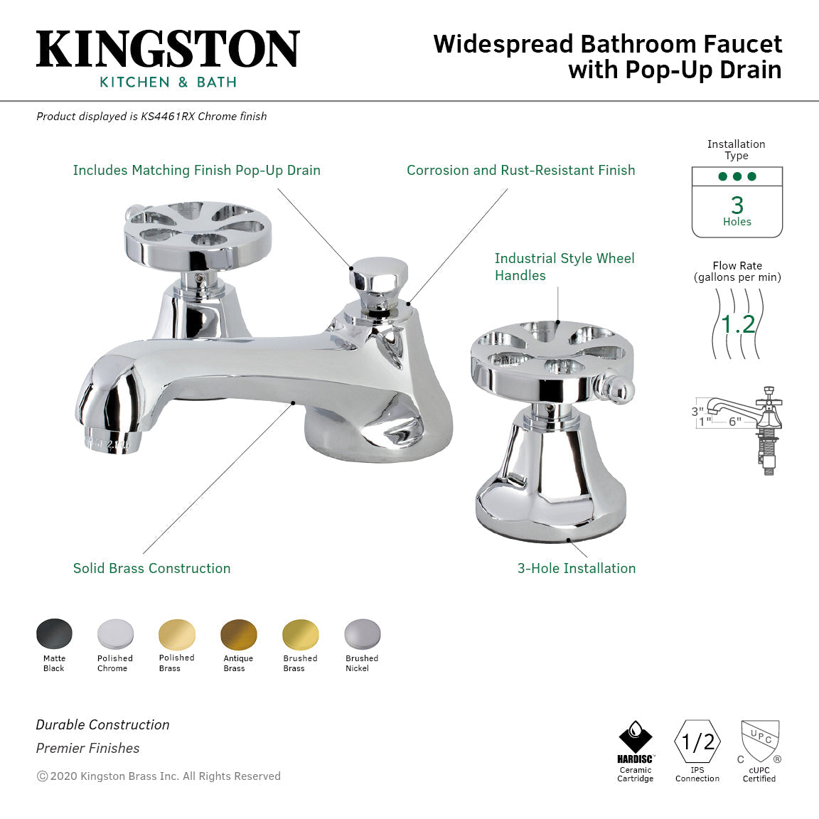 Belknap KS4460RX Two-Handle 3-Hole Deck Mount Widespread Bathroom Faucet with Brass Pop-Up, Matte Black