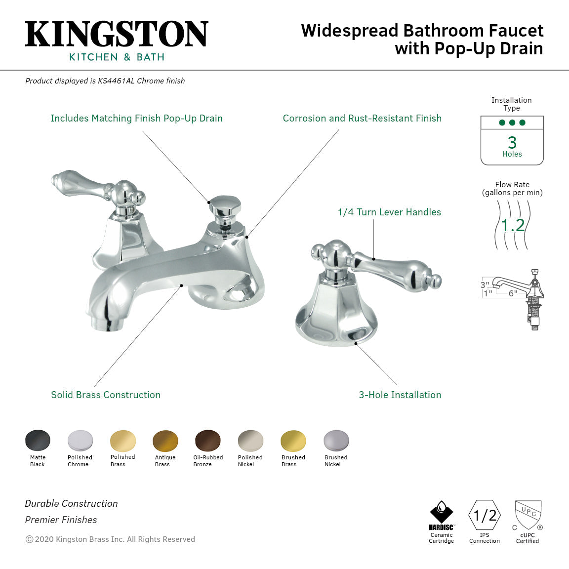 Metropolitan KS4461AL Two-Handle 3-Hole Deck Mount Widespread Bathroom Faucet with Brass Pop-Up, Polished Chrome