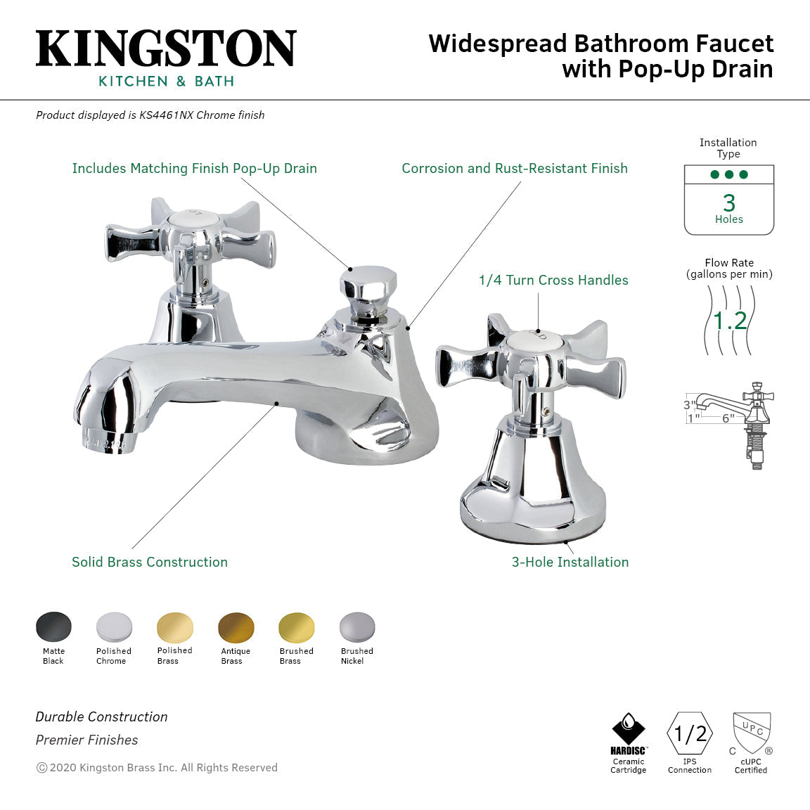 Hamilton KS4461NX Two-Handle 3-Hole Deck Mount Widespread Bathroom Faucet with Brass Pop-Up, Polished Chrome