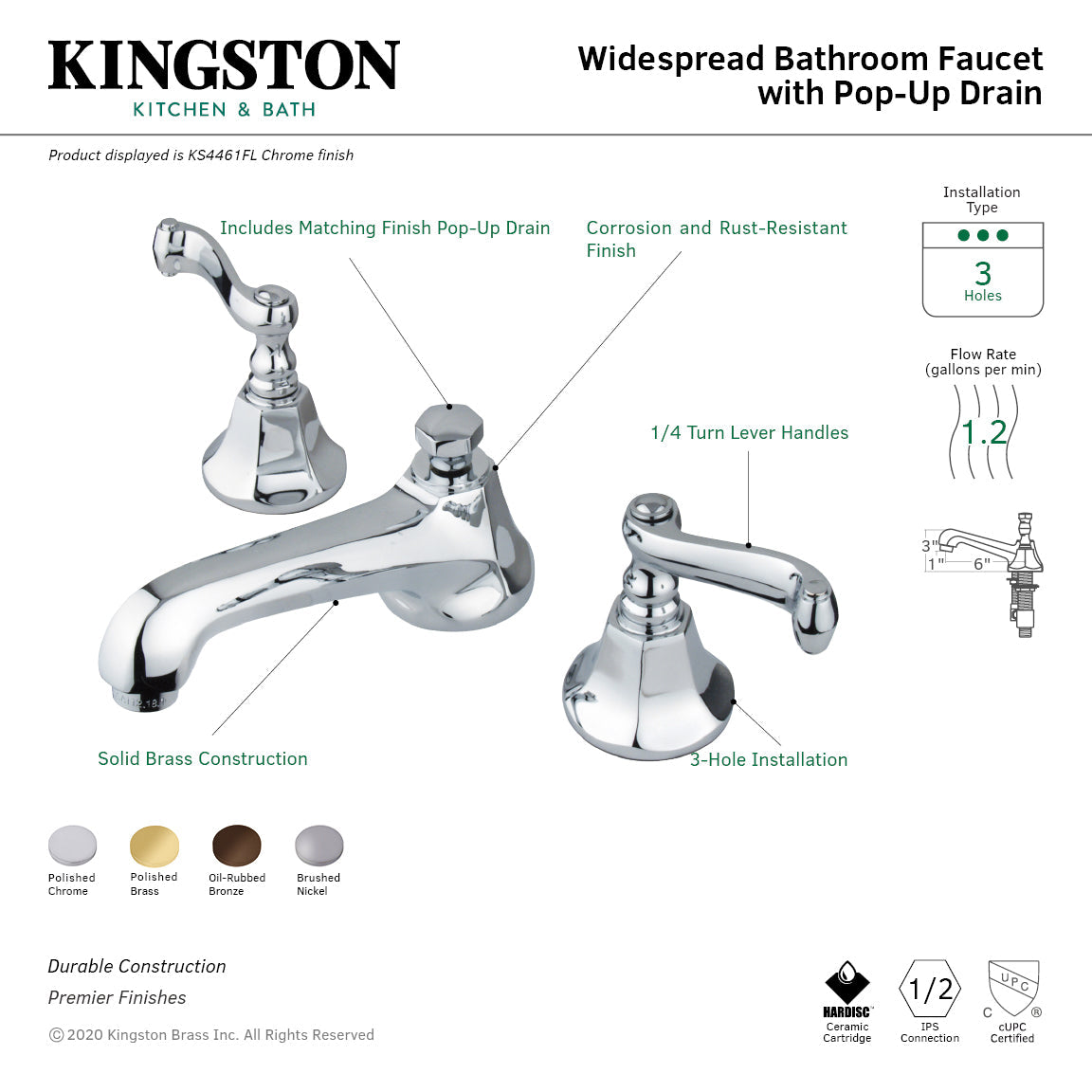 Royale KS4462FL Two-Handle 3-Hole Deck Mount Widespread Bathroom Faucet with Brass Pop-Up, Polished Brass