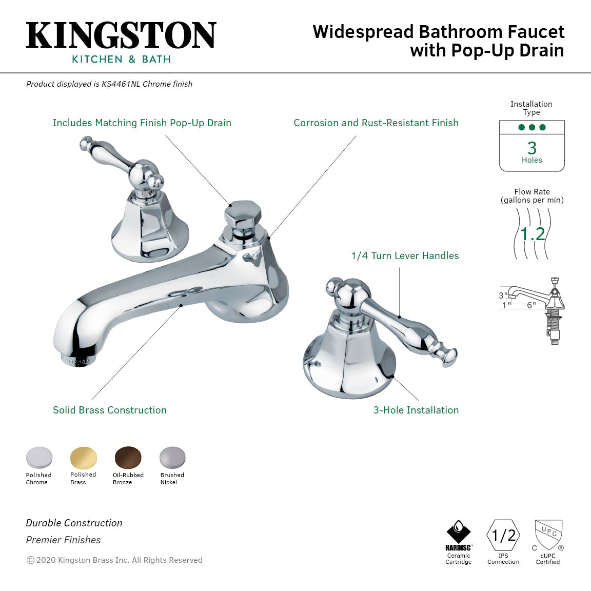 Naples KS4462NL Two-Handle 3-Hole Deck Mount Widespread Bathroom Faucet with Brass Pop-Up, Polished Brass