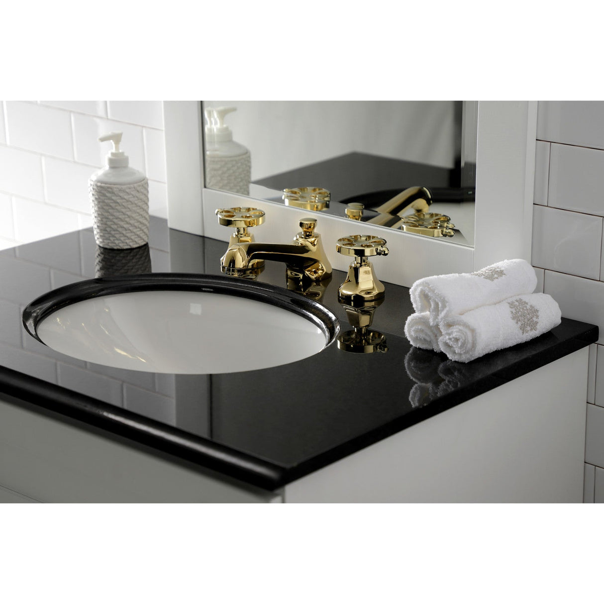 Belknap KS4462RX Two-Handle 3-Hole Deck Mount Widespread Bathroom Faucet with Brass Pop-Up, Polished Brass