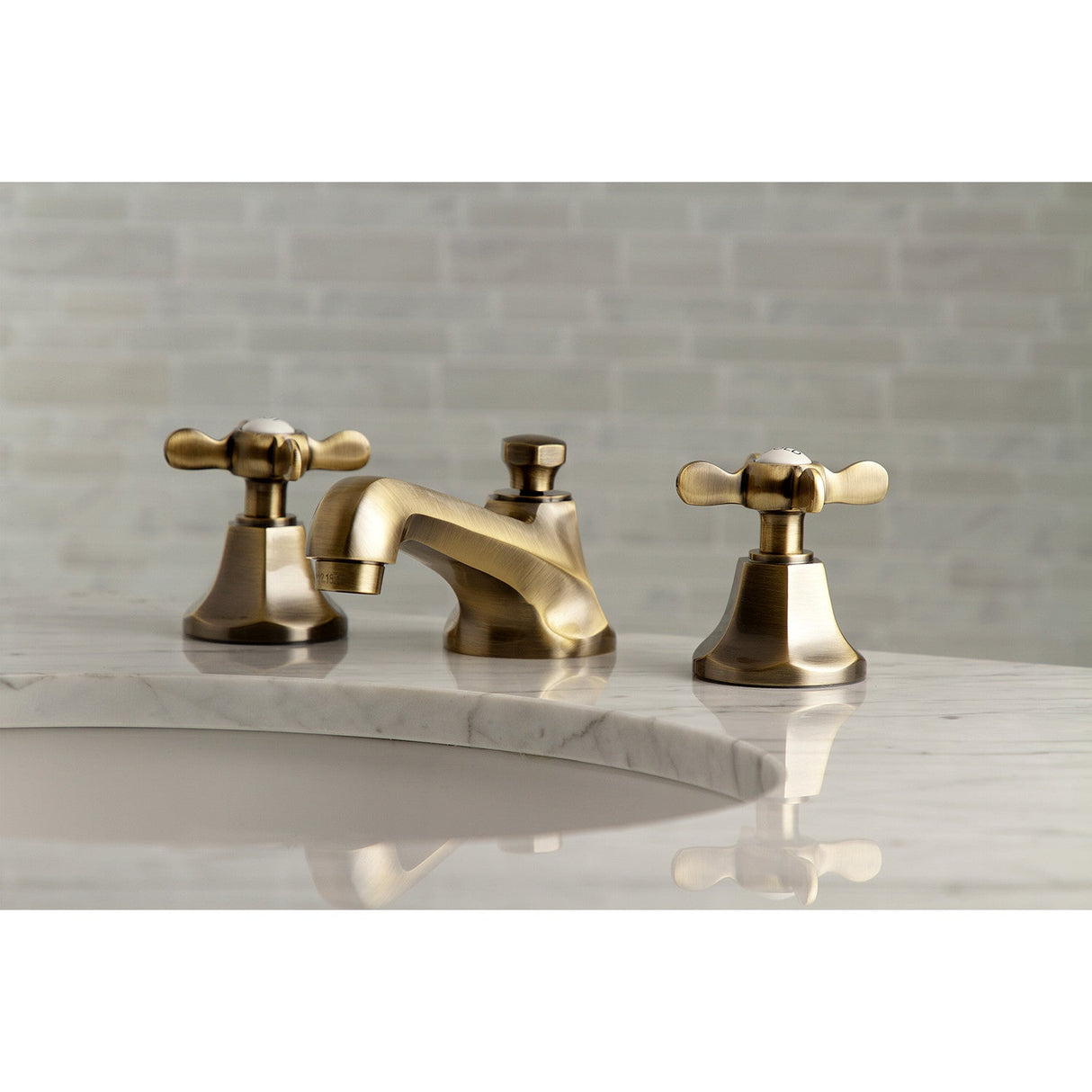 Essex KS4463BEX Two-Handle 3-Hole Deck Mount Widespread Bathroom Faucet with Brass Pop-Up, Antique Brass