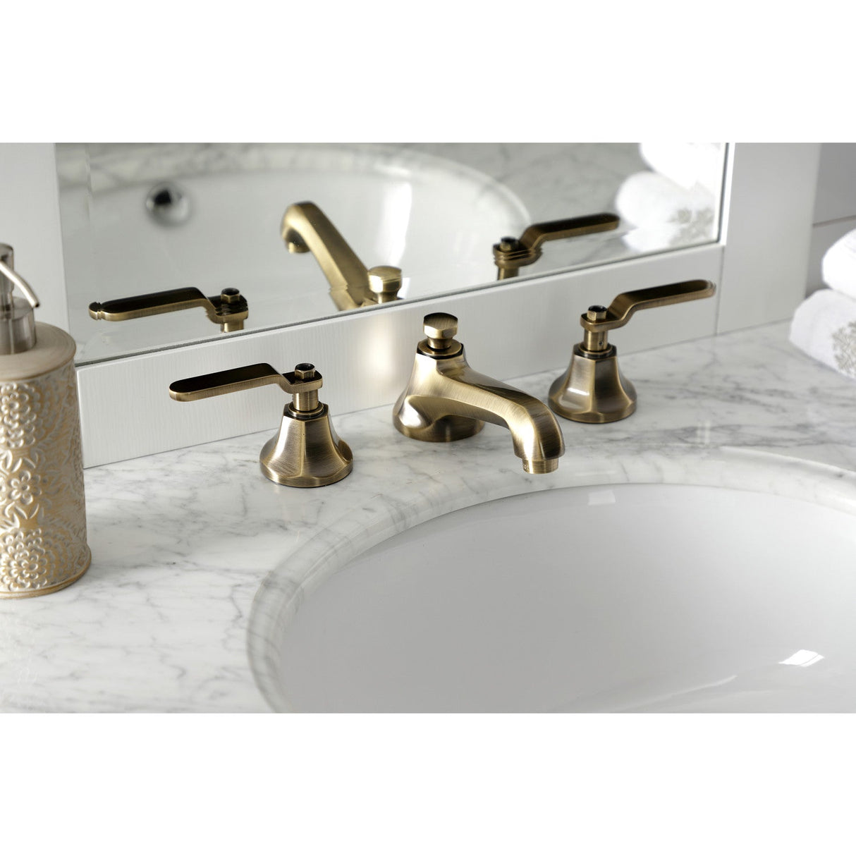 Whitaker KS4463KL Two-Handle 3-Hole Deck Mount Widespread Bathroom Faucet with Brass Pop-Up, Antique Brass