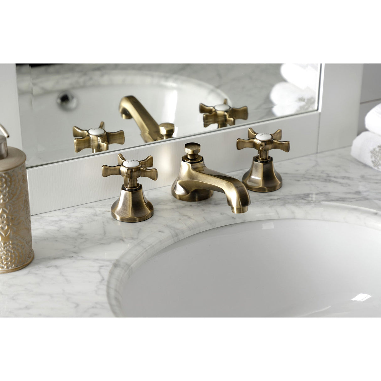 Hamilton KS4463NX Two-Handle 3-Hole Deck Mount Widespread Bathroom Faucet with Brass Pop-Up, Antique Brass
