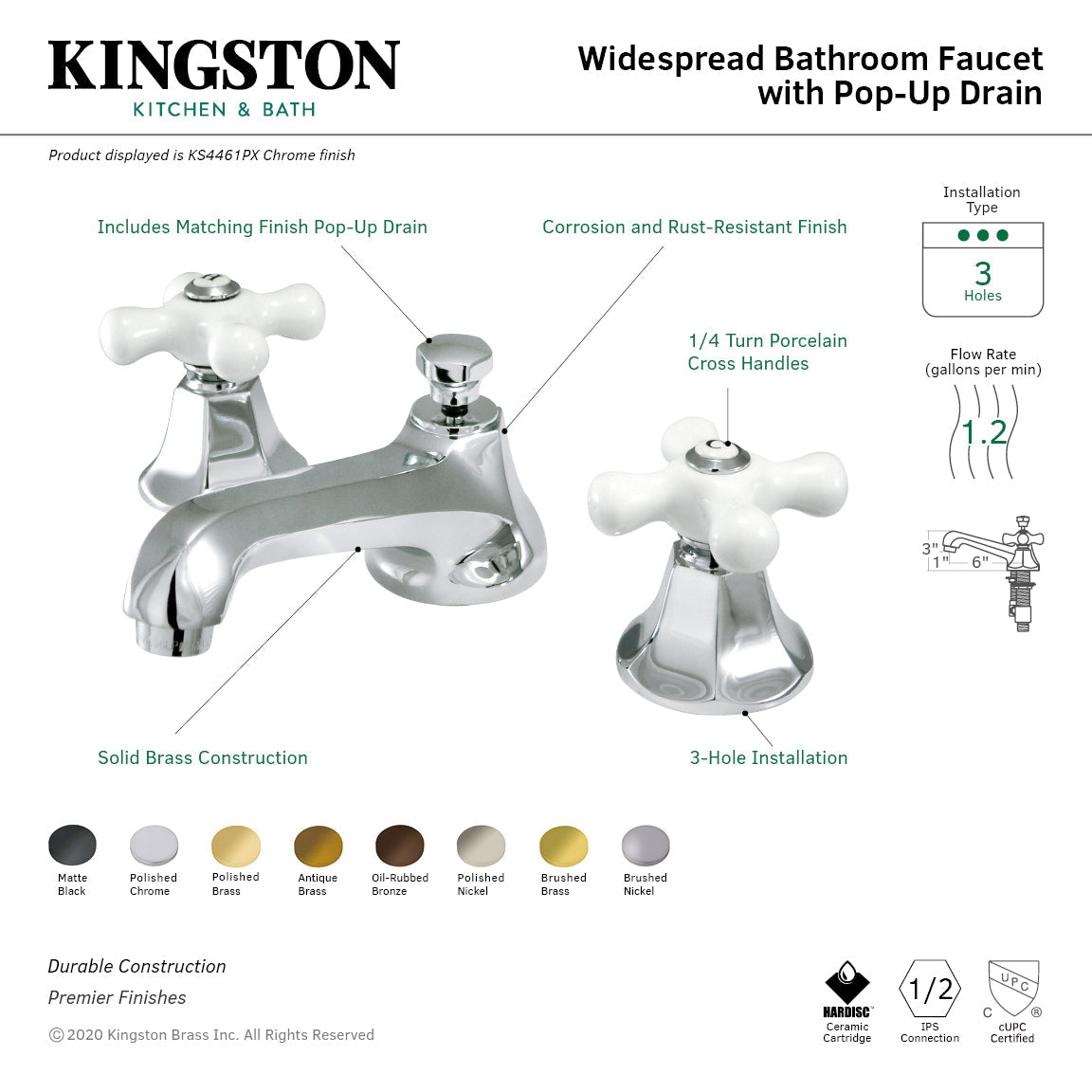 Metropolitan KS4463PX Two-Handle 3-Hole Deck Mount Widespread Bathroom Faucet with Brass Pop-Up, Antique Brass