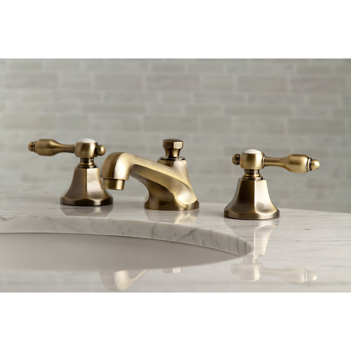 Tudor KS4463TAL Two-Handle 3-Hole Deck Mount Widespread Bathroom Faucet with Brass Pop-Up, Antique Brass