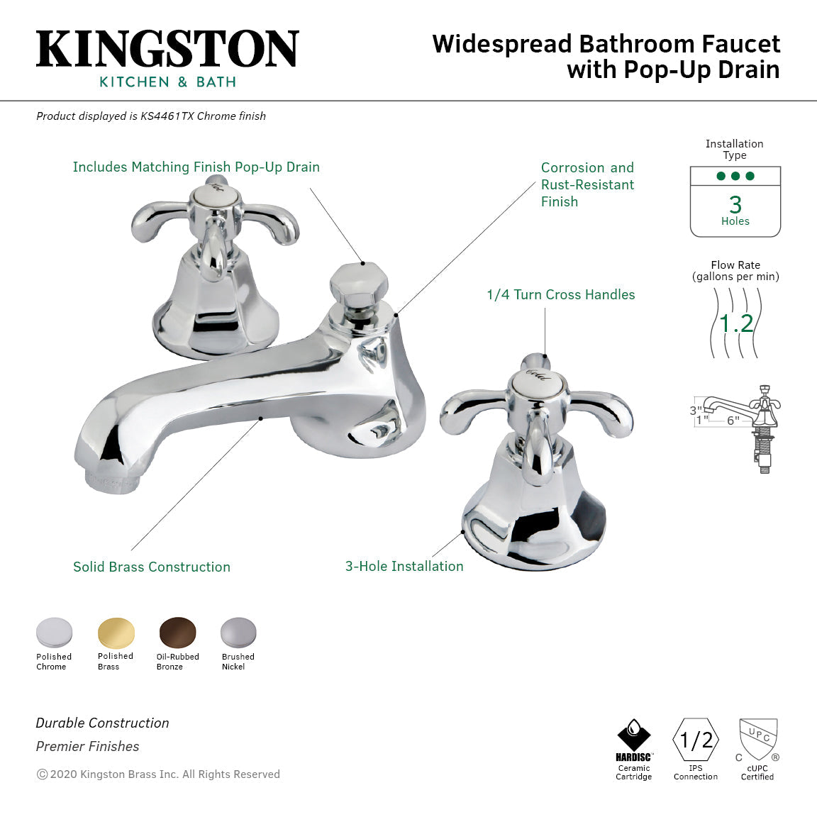 French Country KS4465TX Two-Handle 3-Hole Deck Mount Widespread Bathroom Faucet with Brass Pop-Up, Oil Rubbed Bronze