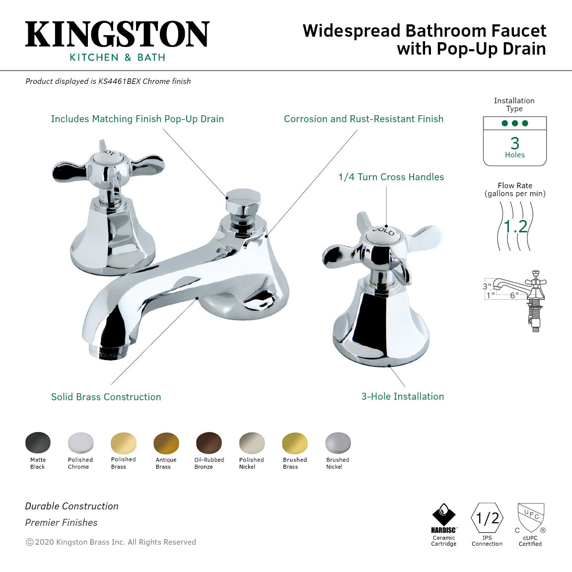 Essex KS4466BEX Two-Handle 3-Hole Deck Mount Widespread Bathroom Faucet with Brass Pop-Up, Polished Nickel