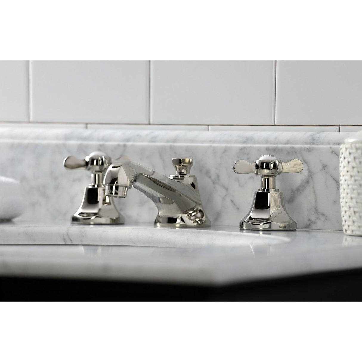 Essex KS4466BEX Two-Handle 3-Hole Deck Mount Widespread Bathroom Faucet with Brass Pop-Up, Polished Nickel