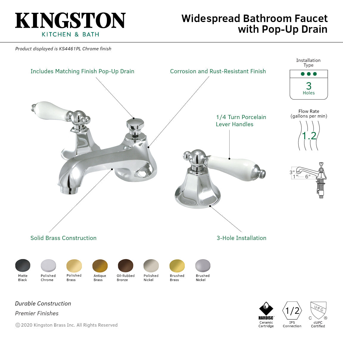 Metropolitan KS4466PL Two-Handle 3-Hole Deck Mount Widespread Bathroom Faucet with Brass Pop-Up, Polished Nickel