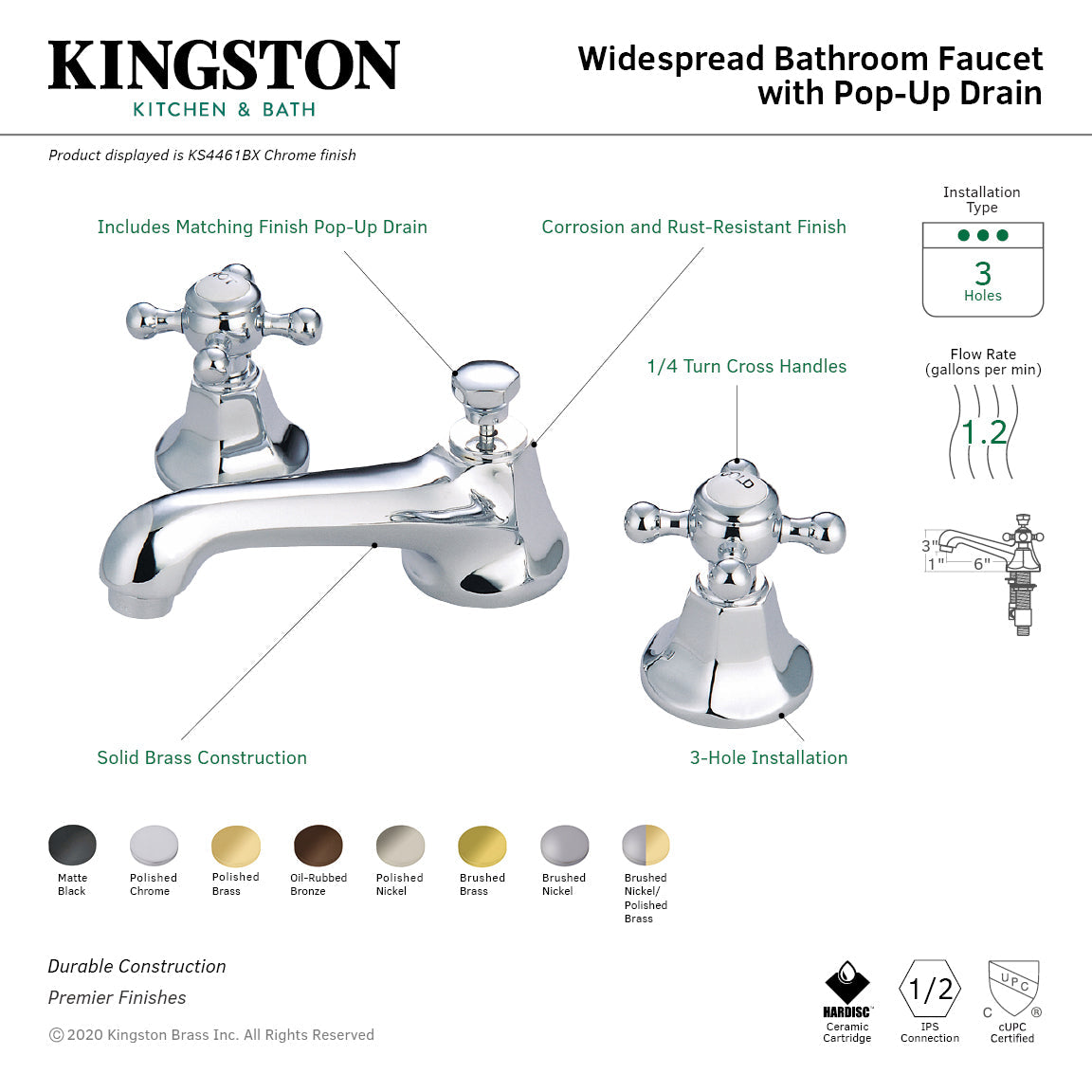 Metropolitan KS4467BX Two-Handle 3-Hole Deck Mount Widespread Bathroom Faucet with Brass Pop-Up, Brushed Brass