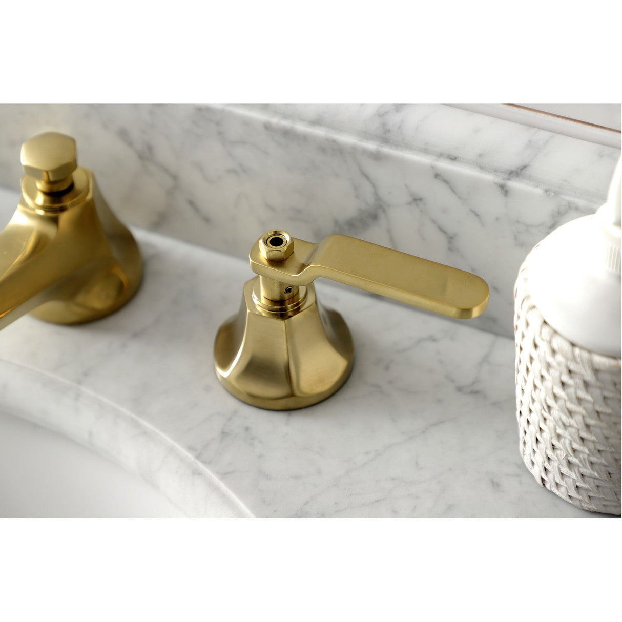 Whitaker KS4467KL Two-Handle 3-Hole Deck Mount Widespread Bathroom Faucet with Brass Pop-Up, Brushed Brass