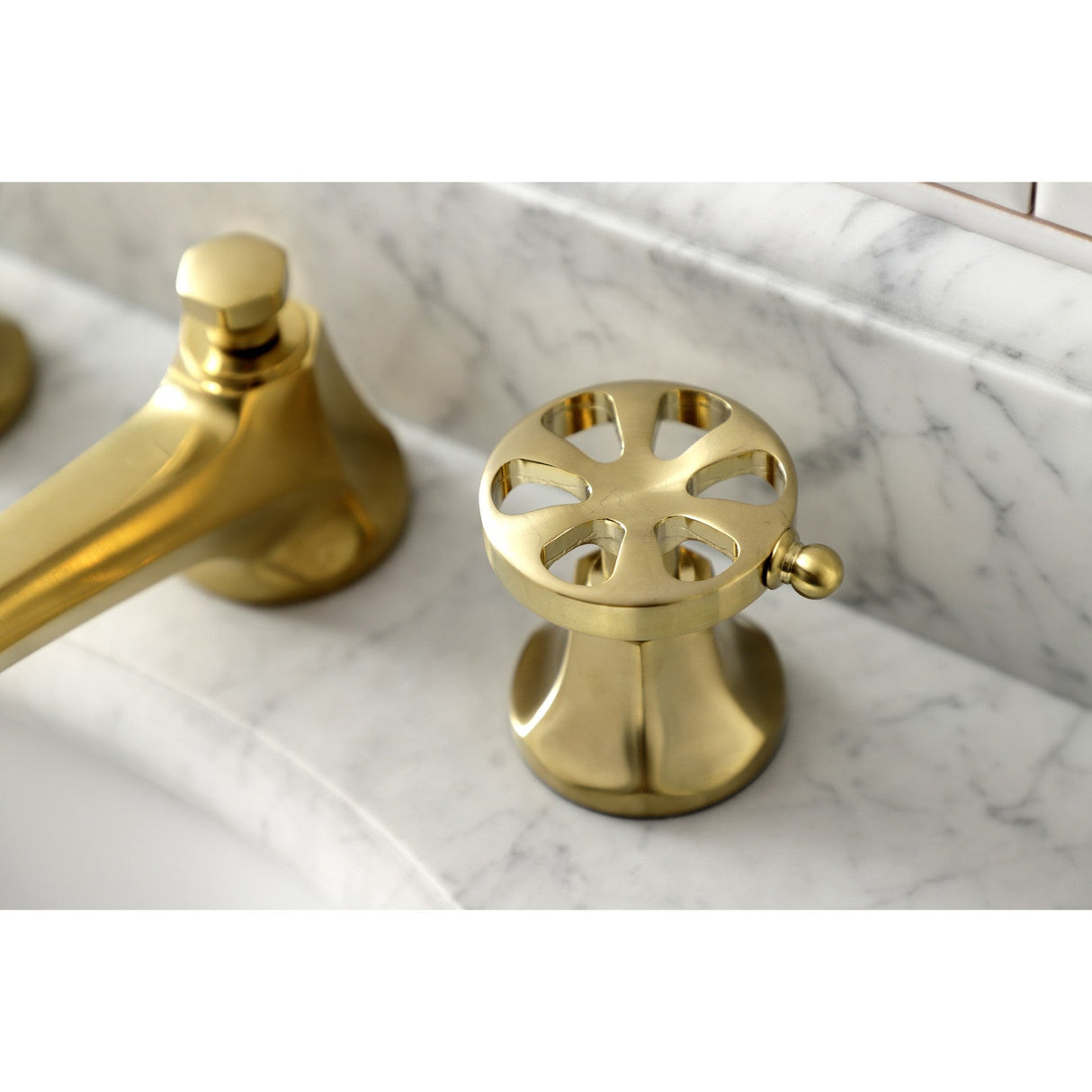 Belknap KS4467RX Two-Handle 3-Hole Deck Mount Widespread Bathroom Faucet with Brass Pop-Up, Brushed Brass