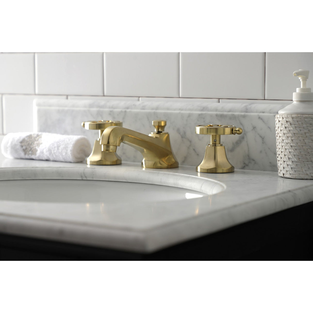 Belknap KS4467RX Two-Handle 3-Hole Deck Mount Widespread Bathroom Faucet with Brass Pop-Up, Brushed Brass