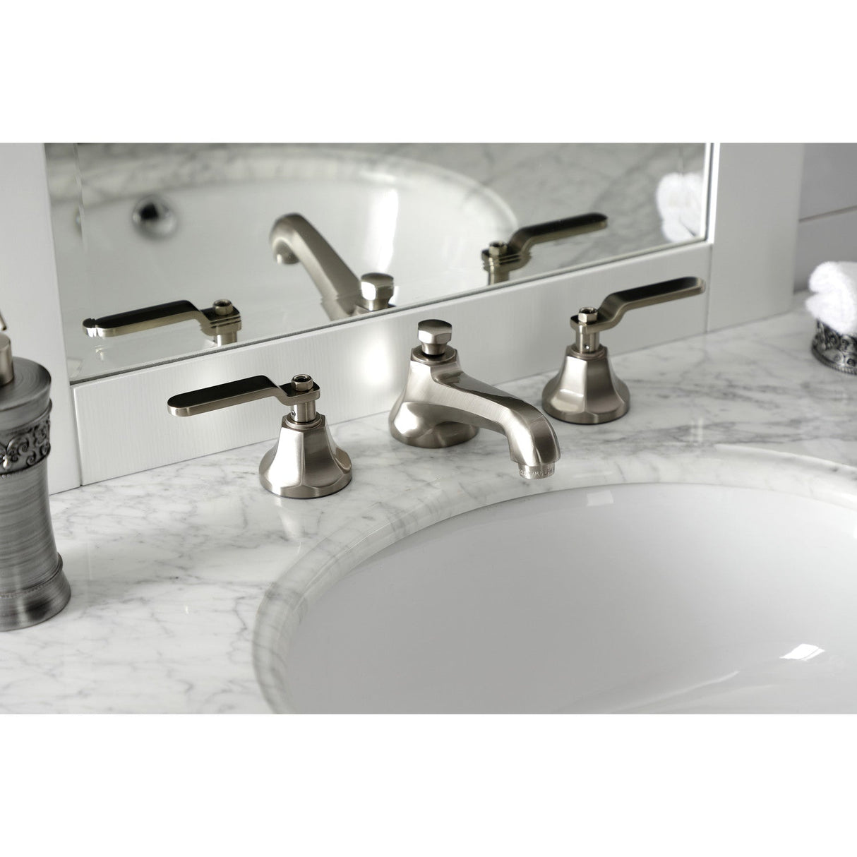 Whitaker KS4468KL Two-Handle 3-Hole Deck Mount Widespread Bathroom Faucet with Brass Pop-Up, Brushed Nickel