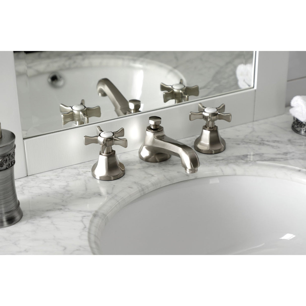 Hamilton KS4468NX Two-Handle 3-Hole Deck Mount Widespread Bathroom Faucet with Brass Pop-Up, Brushed Nickel