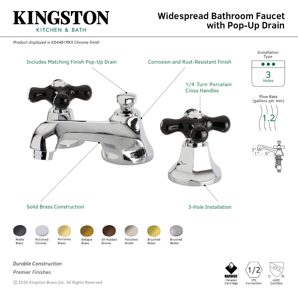 Duchess KS4468PKX Two-Handle 3-Hole Deck Mount Widespread Bathroom Faucet with Brass Pop-Up, Brushed Nickel